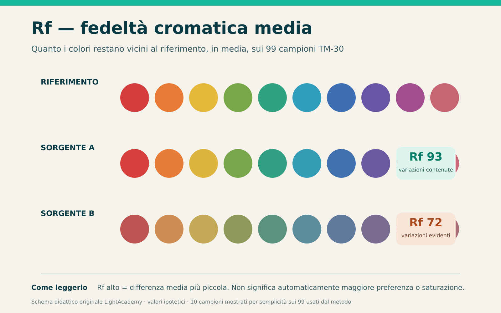 Diagramma originale LightAcademy che confronta colori di riferimento con una sorgente ad alta e a bassa fedeltà Rf