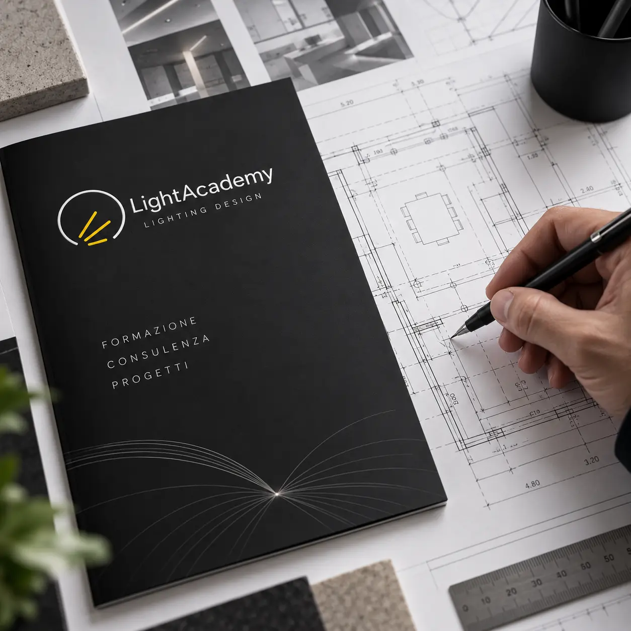 Materiale didattico LightAcademy, planimetria e studio di un progetto illuminotecnico