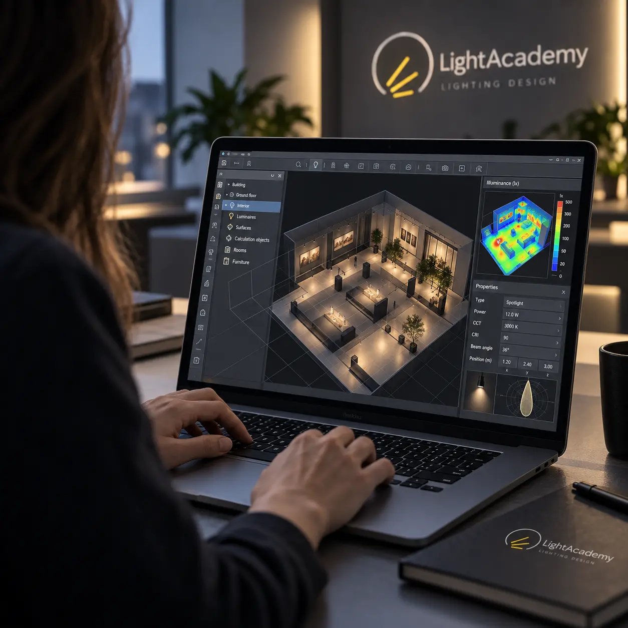 Progettazione illuminotecnica al computer con modello 3D, mappa di illuminamento e logo LightAcademy