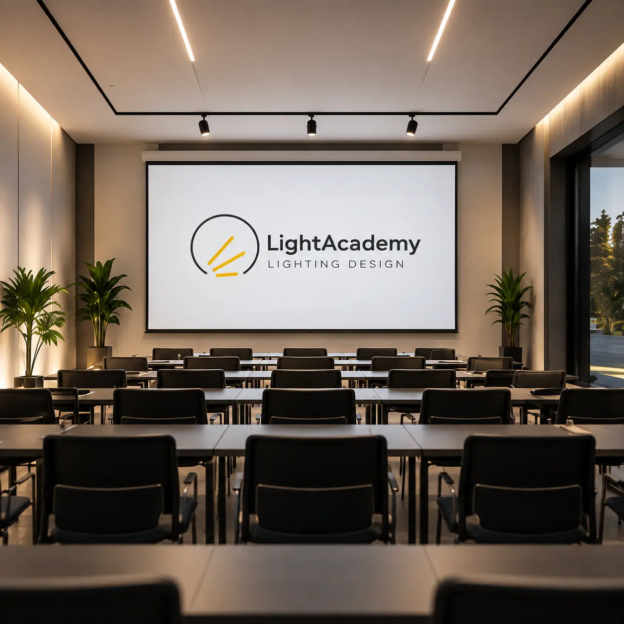 Aula per la formazione in lighting design con illuminazione integrata e logo LightAcademy sullo schermo