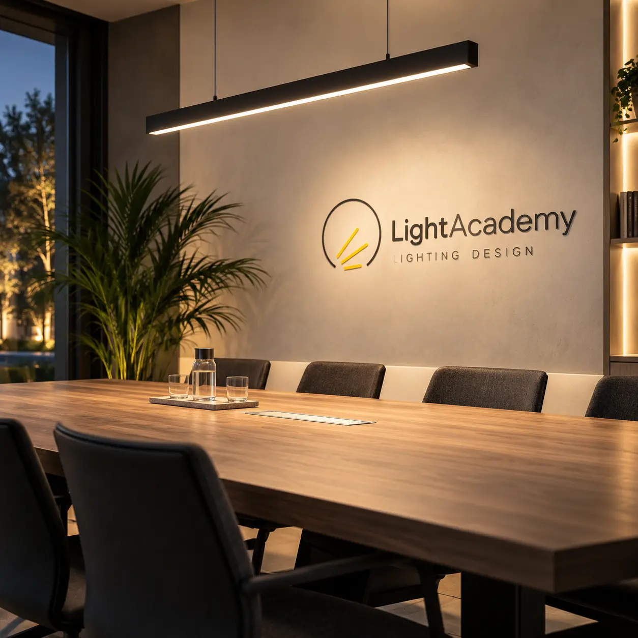 Sala riunioni LightAcademy con lampada lineare a sospensione e illuminazione integrata